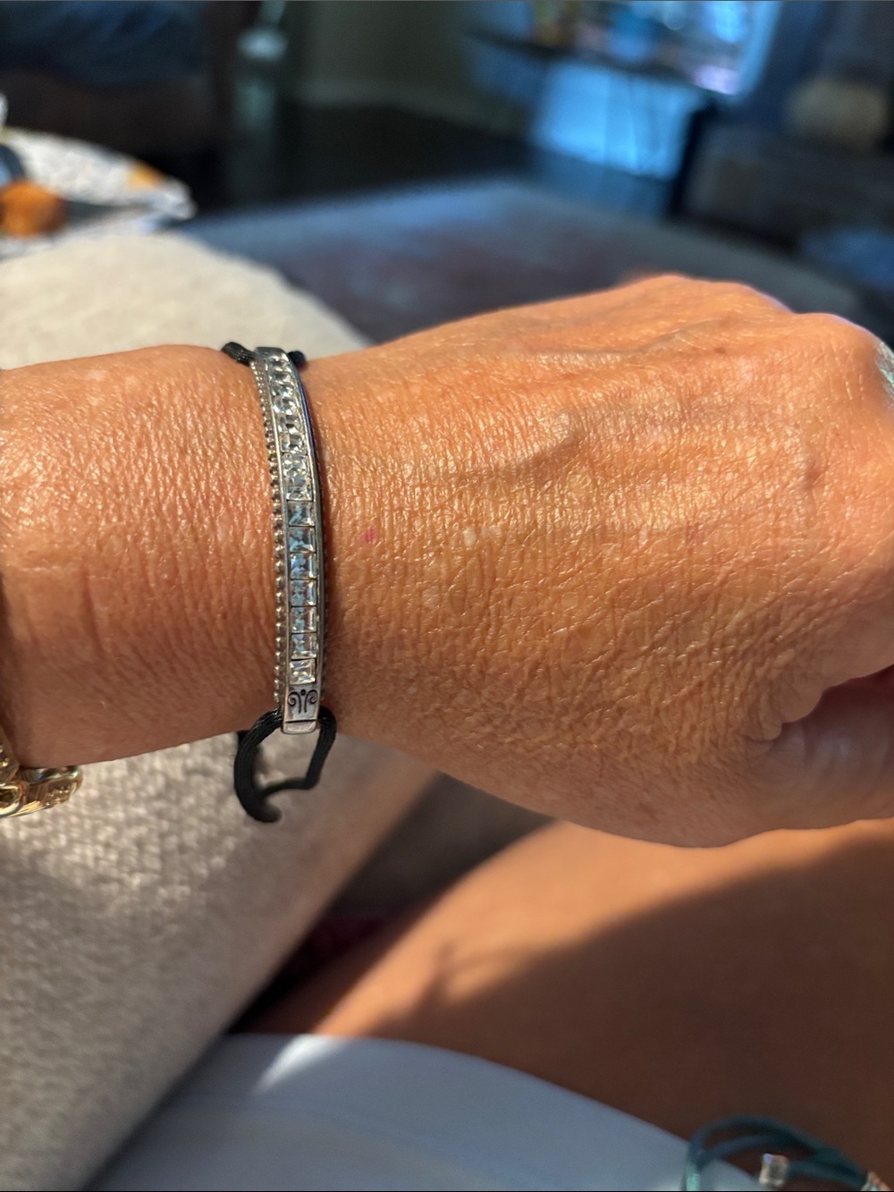 Brighton Silver Bar Bracelet with Clear Crystals - Black Cord
